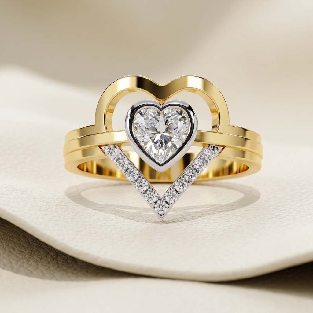 Yellow gold open heart pear solitaire diamond ring
Elegant open heart ring with pear shaped solitaire diamond
Luxury yellow gold heart inspired diamond statement ring
Fine jewelry open heart ring with pavé V accent
Contemporary yellow gold heart ring featuring a pear cut diamond
Premium open heart solitaire diamond ring with triple band design
Designer open heart pear diamond ring close up
Romantic yellow gold heart shaped ring with sparkling pear solitaire
Stylish open heart diamond ring on a polished yell