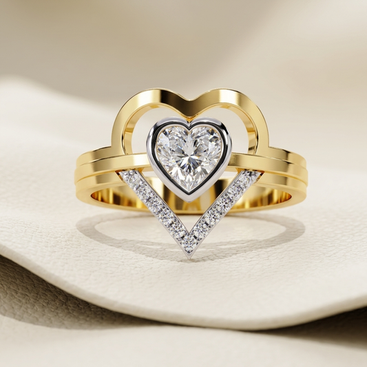 Yellow gold open heart pear solitaire diamond ring
Elegant open heart ring with pear shaped solitaire diamond
Luxury yellow gold heart inspired diamond statement ring
Fine jewelry open heart ring with pavé V accent
Contemporary yellow gold heart ring featuring a pear cut diamond
Premium open heart solitaire diamond ring with triple band design
Designer open heart pear diamond ring close up
Romantic yellow gold heart shaped ring with sparkling pear solitaire
Stylish open heart diamond ring on a polished yell