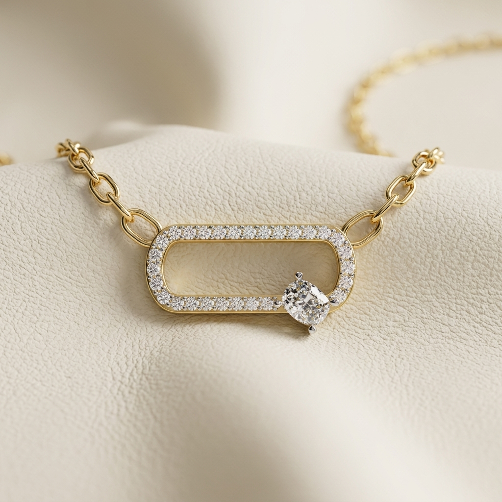 Yellow gold open link diamond pendant necklace
Luxury open link pendant with pavé diamonds and cushion cut diamond
Elegant geometric diamond pendant necklace in yellow gold
Fine jewelry open link diamond pendant close up
Sparkling pavé diamond link pendant with cushion cut center stone
Premium yellow gold geometric diamond necklace for women
Designer open link pendant with diamond accent
Modern rectangular link diamond pendant in yellow gold
Timeless open link diamond necklace with cushion cut diamond
Class
