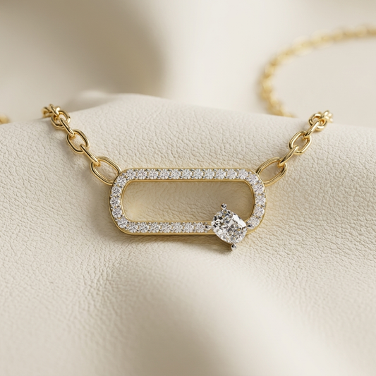 Yellow gold open link diamond pendant necklace
Luxury open link pendant with pavé diamonds and cushion cut diamond
Elegant geometric diamond pendant necklace in yellow gold
Fine jewelry open link diamond pendant close up
Sparkling pavé diamond link pendant with cushion cut center stone
Premium yellow gold geometric diamond necklace for women
Designer open link pendant with diamond accent
Modern rectangular link diamond pendant in yellow gold
Timeless open link diamond necklace with cushion cut diamond
Class