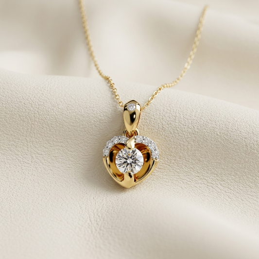 Yellow gold open petal solitaire diamond heart pendant necklace
Elegant heart inspired pendant with round solitaire diamond
Luxury yellow gold floral heart diamond pendant with pavé accents
Fine jewelry open petal heart pendant on a delicate gold chain
Contemporary yellow gold heart pendant featuring a round brilliant solitaire diamond
Premium open petal diamond heart necklace with sparkling pavé detailing
Designer heart blossom solitaire diamond pendant close up
Romantic yellow gold heart shaped pendant wi