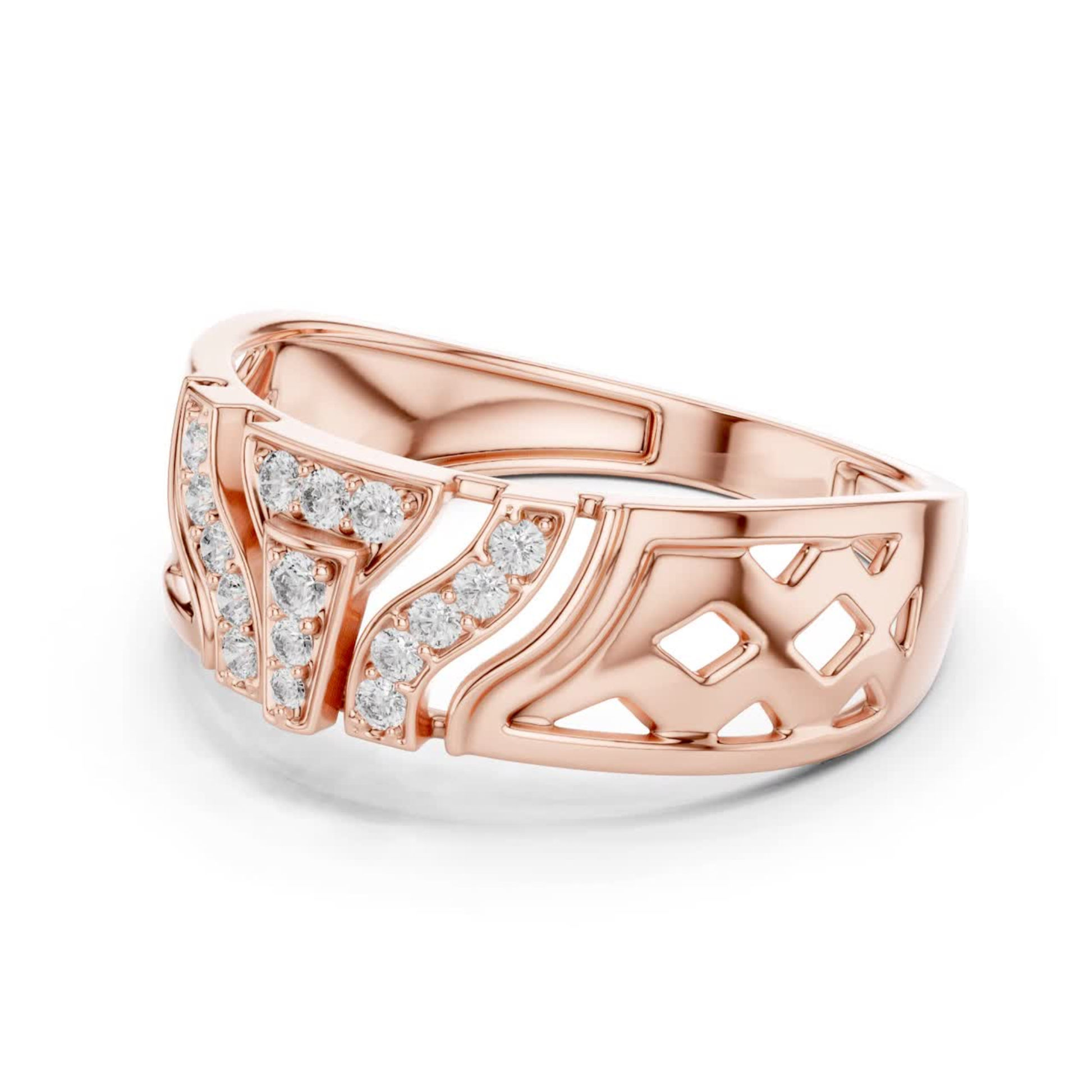 Openwork diamond rose gold band ring
Rose gold ring with diamond cluster design
Diamond rose gold band with geometric details
Wide rose gold ring featuring diamond accents
Decorative rose gold band with diamond pattern
Rose gold statement ring with diamond details
Modern rose gold ring showcasing diamonds
Polished rose gold band with open gallery design
Contemporary rose gold ring with diamond clusters
Geometric rose gold band with diamond settings