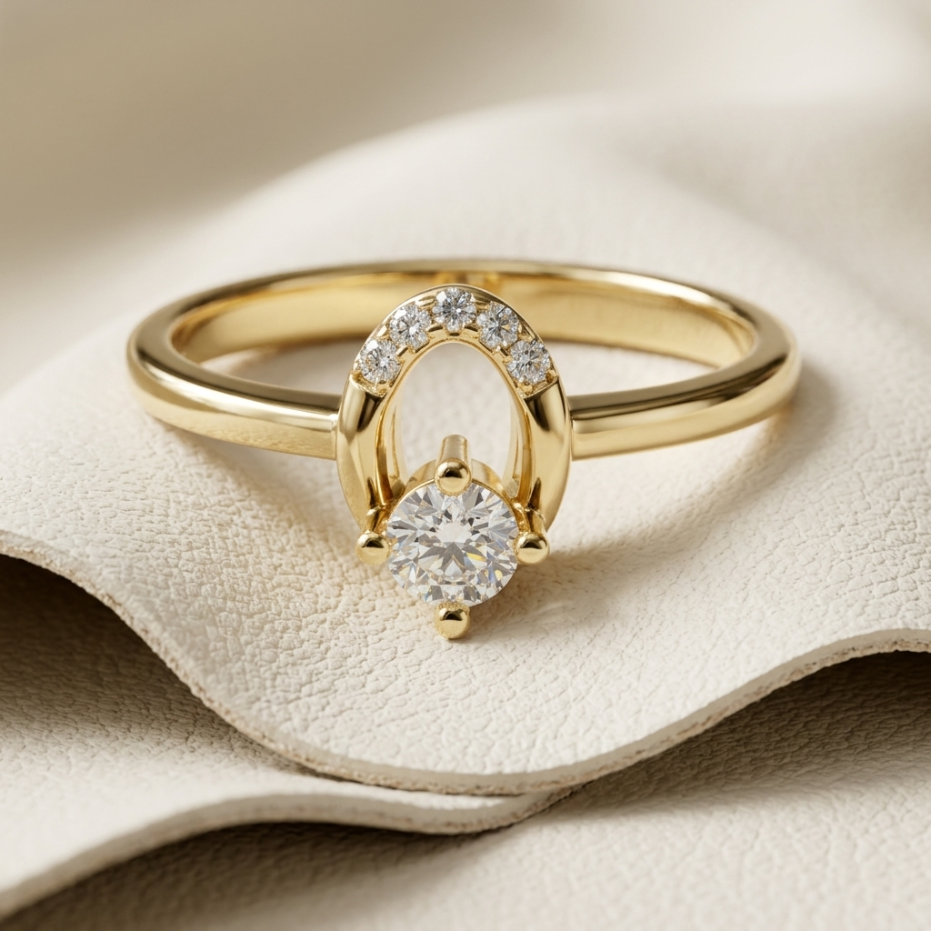 Yellow gold ring with round diamond and oval arch accent
Elegant solitaire diamond ring featuring a curved pave design
Modern yellow gold ring with round center diamond and arch setting
Luxury diamond ring with sparkling pave oval detail
Contemporary gold solitaire ring with sculptural diamond accent
Fine jewelry ring featuring a brilliant round diamond centerpiece
Designer yellow gold diamond ring with elegant open arch motif
Minimal gold ring with round diamond and pave curved setting
Unique diamond solit