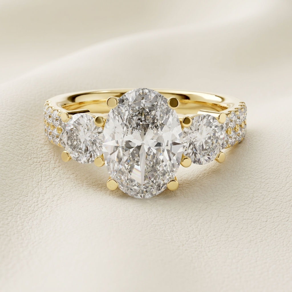 Oval diamond gold ring close up
Luxury oval diamond ring design
Gold ring with large oval diamond
Elegant three stone diamond ring
Premium diamond ring close view
Classic oval cut diamond ring
Fine jewelry gold diamond ring
Sparkling oval diamond ring on band
Beautiful luxury engagement ring
High quality oval diamond ring