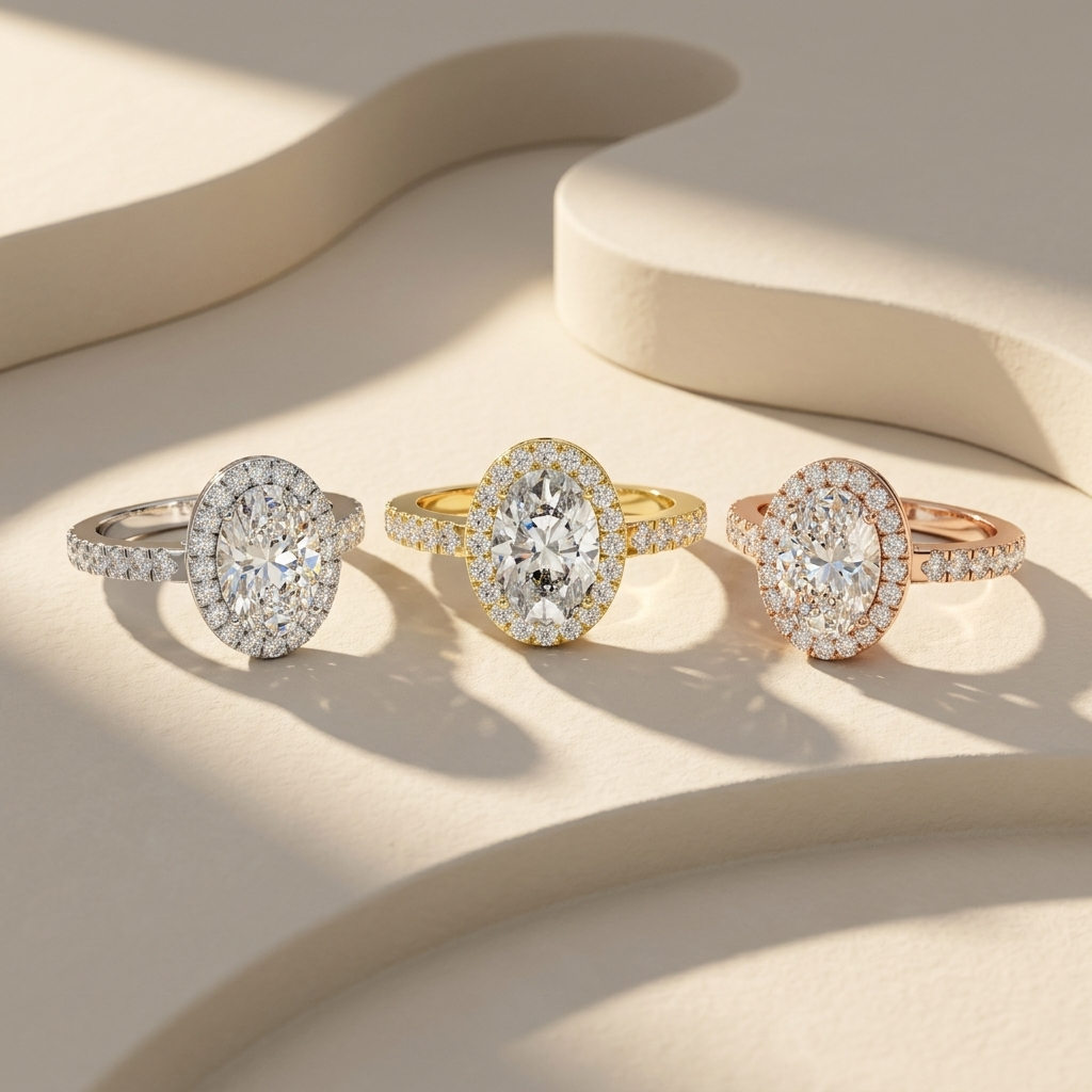 Oval halo rings in three gold tones.
Oval halo diamond rings in white, yellow, and rose gold.
Oval halo engagement ring collection.
Oval diamond halo rings in three finishes.Three-Tone Oval Halo Diamond
Oval Halo Diamond Collection
Oval Halo Diamond Trio
Oval Halo in White Yellow Rose Gold
Luxury Oval Halo 
Oval halo ring collection.
Luxury oval halo diamond rings.
Three gold oval halo rings.
Oval diamond rings with pavé halos.
Classic oval halo ring collection.
Oval halo diamond rings in three gold colors.