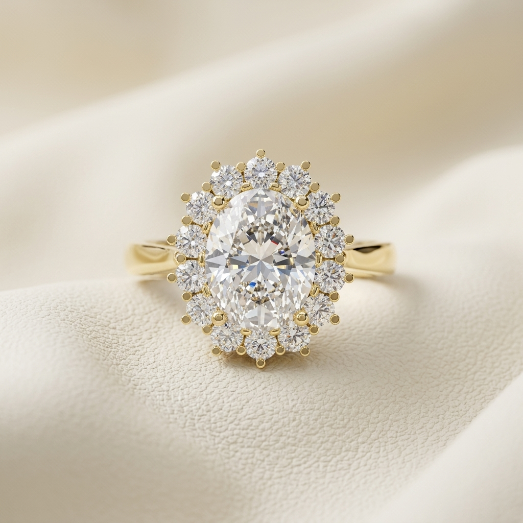Yellow gold ring with large oval diamond and sunburst halo
Elegant oval diamond ring surrounded by round brilliant stones
Luxury gold engagement ring with sparkling oval center stone
Statement diamond ring featuring an oval center and floral halo
Glamorous yellow gold ring with brilliant diamond cluster setting
Oval cut diamond ring with radiant round stone halo
Fine jewelry gold ring with dazzling oval diamond centerpiece
Vintage inspired oval halo diamond engagement ring
Sparkling oval diamond ring displa
