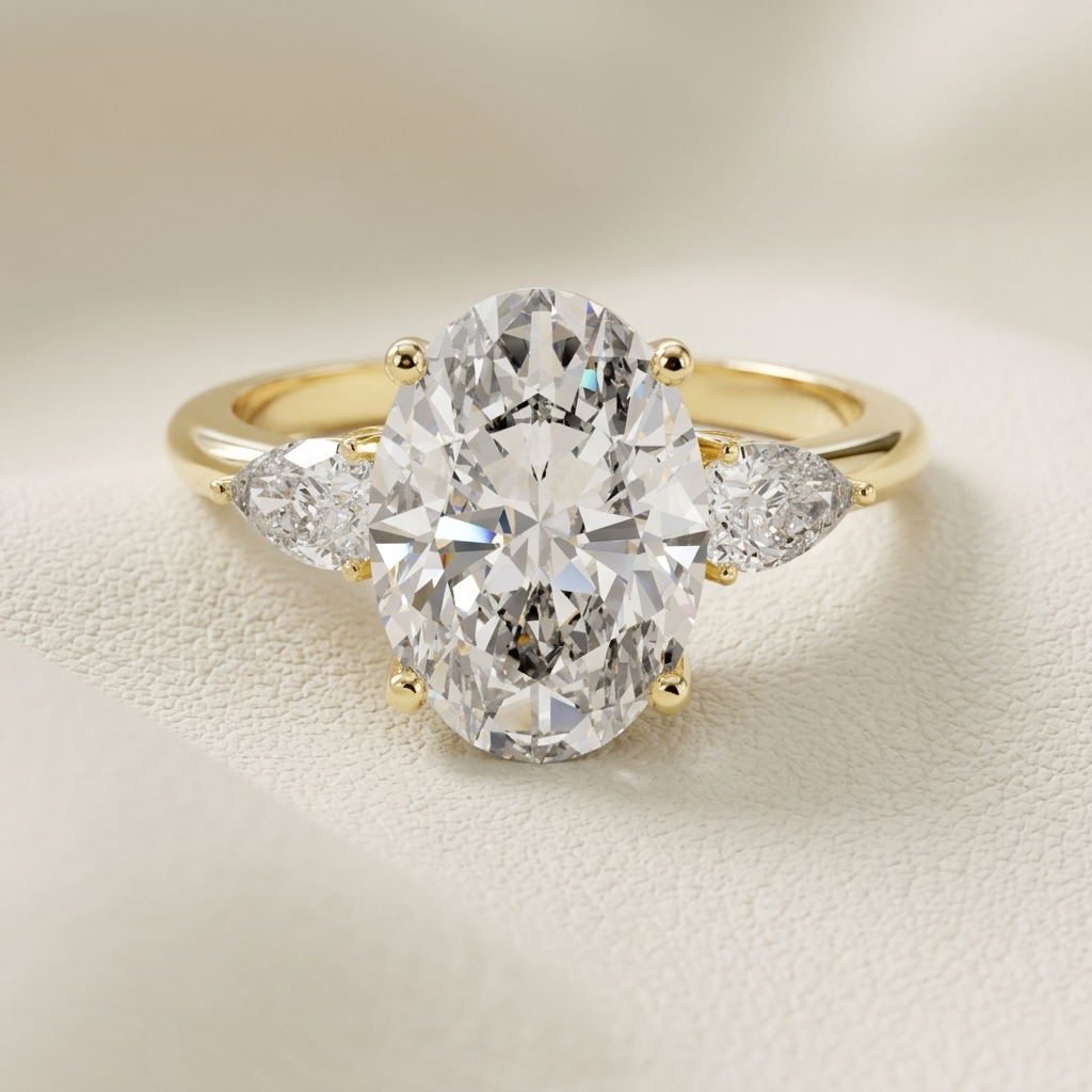 Oval three stone diamond ring in yellow gold.
Yellow gold oval diamond engagement ring.
Oval diamond ring with pear side stones.
Three stone oval diamond ring.
Oval cut diamond ring in gold.
Elegant oval engagement ring.
Oval diamond ring with tapered side stones.
Classic three stone diamond ring.
Luxury oval diamond ring.
Oval solitaire ring with pear diamonds.