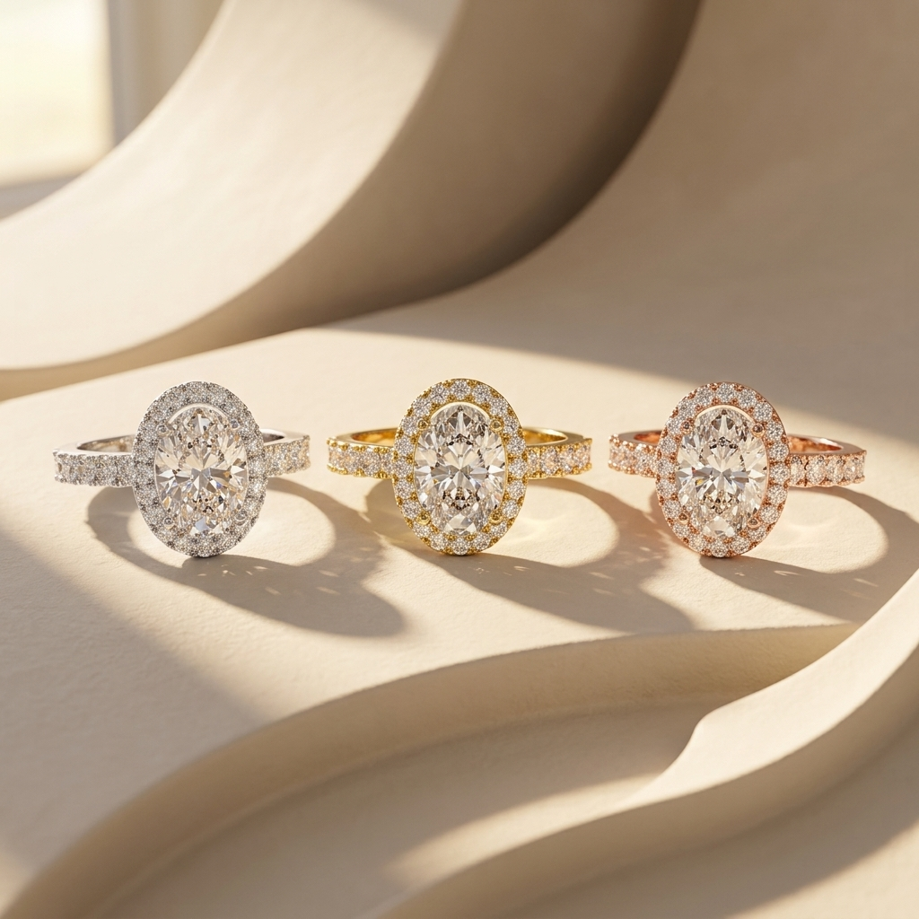 Oval halo diamond rings in three gold tones.
Oval halo rings in white, yellow, and rose gold.
Oval diamond ring collection.
Triple gold oval halo rings.
Oval halo engagement rings.
Luxury oval diamond halo rings.
Oval solitaire halo ring collection.
Elegant oval halo diamond rings.
Oval diamond rings in three finishes.
Classic oval halo ring trio.