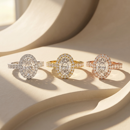 Oval halo diamond rings in three gold tones.
Oval halo rings in white, yellow, and rose gold.
Oval diamond ring collection.
Triple gold oval halo rings.
Oval halo engagement rings.
Luxury oval diamond halo rings.
Oval solitaire halo ring collection.
Elegant oval halo diamond rings.
Oval diamond rings in three finishes.
Classic oval halo ring trio.