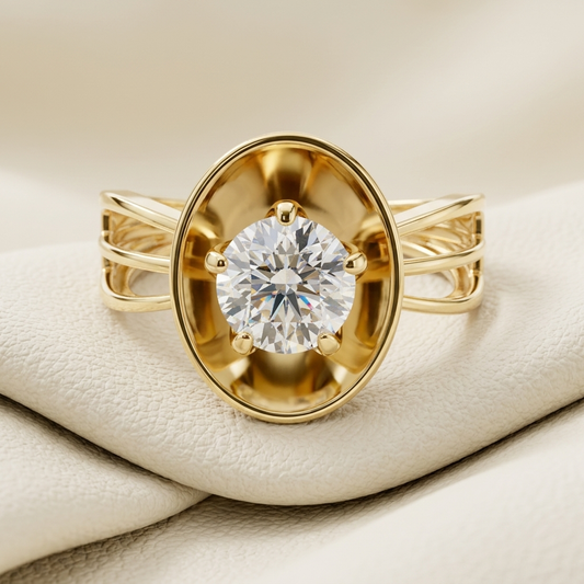 Oval halo solitaire diamond ring in yellow gold.
Yellow gold oval halo diamond ring.
Round diamond ring with oval halo.
Oval halo engagement ring.
Split shank halo diamond ring.
Elegant oval halo solitaire ring.
Gold halo diamond ring.
Modern oval halo engagement ring.
Luxury oval halo diamond ring.
Round solitaire with oval halo ring.