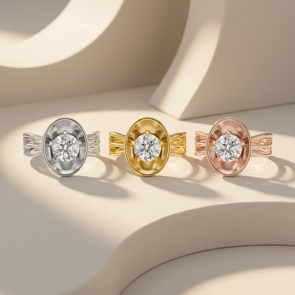 Oval halo solitaire rings in three gold tones.
Oval halo diamond rings in white, yellow, and rose gold.
Oval halo solitaire ring collection.
Triple gold oval halo diamond rings.
Oval halo engagement rings in three finishes.
Split shank oval halo ring collection.
Elegant oval halo diamond rings.
Luxury oval halo solitaire rings.
Oval halo rings in three gold colors.
Round diamond rings with oval halos.