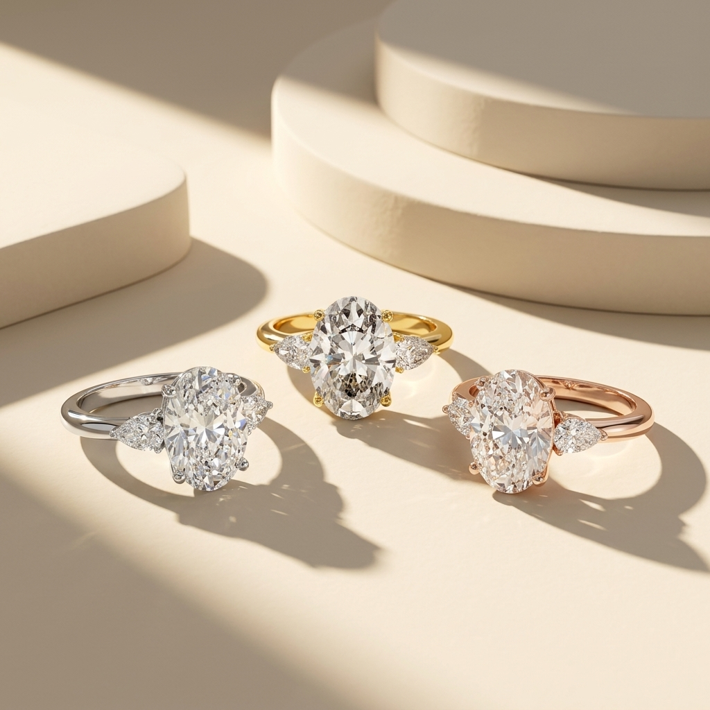 Oval three stone rings in three gold tones.
Oval diamond rings in white, yellow, and rose gold.
Oval trilogy ring collection.
Oval engagement rings with pear side stones.
Three stone oval diamond ring collection.
Oval diamond rings in three finishes.
Luxury oval trilogy rings.
Oval three stone engagement rings.
Oval diamond ring collection in three gold colors.
Classic oval trilogy rings.