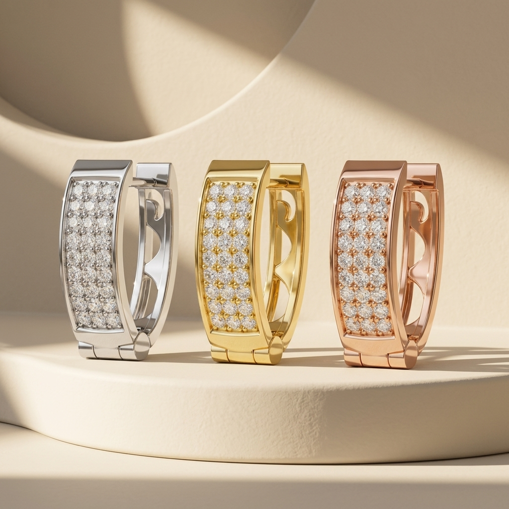 Pavé diamond hoop earrings available in white, yellow, and rose gold finishes.
Luxury diamond hoop earrings crafted in white, yellow, and rose gold.
Elegant gold hoop earrings featuring multiple rows of sparkling pavé diamonds.
Fine jewelry diamond hoop earrings showcased in three premium gold tones.
Contemporary pavé diamond hoops with polished white, yellow, and rose gold.
Premium diamond-studded hoop earrings designed in three elegant gold finishes.
Designer hoop earrings with brilliant pavé diamonds in 