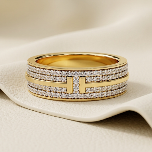 Yellow gold pavé diamond T bar band
Luxury T bar diamond band in yellow gold
Elegant wide pavé diamond band with T bar design
Fine jewelry yellow gold T bar diamond band close up
Sparkling multi row pavé diamond band with center T motif
Premium yellow gold diamond band with geometric T detail
Designer pavé diamond T bar band for women
Modern wide diamond band featuring T shaped centerpiece
Timeless yellow gold pavé diamond T bar band
Classic wide diamond band with polished T bar accent