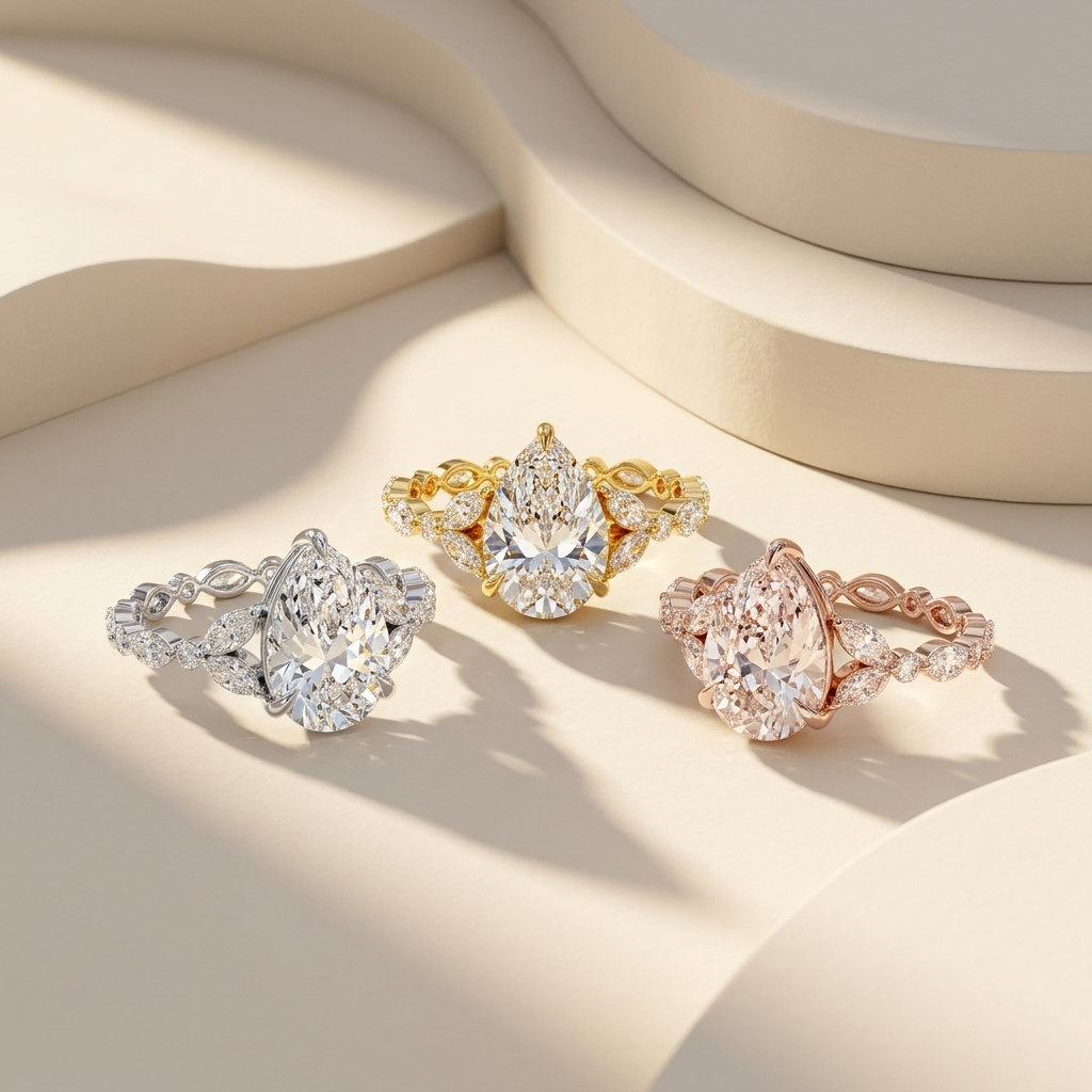 Pear cut diamond engagement rings in three gold colors
White yellow and rose gold pear diamond ring collection
Luxury pear cut diamond rings with marquise side stones
Three metal pear diamond engagement ring comparison
Premium pear cut diamond ring collection display
Bridal pear cut diamond rings in white yellow and rose gold
Pear cut solitaire diamond rings with decorative bands
Fine jewelry pear diamond ring trio lifestyle image
Elegant pear cut engagement rings in multiple metal finishes
Designer pear cu