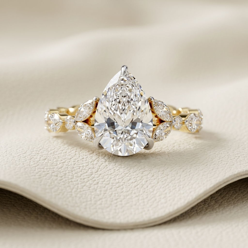 Pear cut diamond solitaire ring in yellow gold
Pear cut diamond ring with marquise diamond band
Luxury pear cut diamond solitaire ring
Fine jewelry pear cut diamond ring for women
Elegant yellow gold pear cut diamond ring
Pear cut diamond ring with marquise side diamonds
Premium pear cut diamond engagement style ring
Modern pear cut diamond solitaire ring
Handcrafted pear cut diamond ring with diamond band
Contemporary pear cut diamond ring with marquise accents