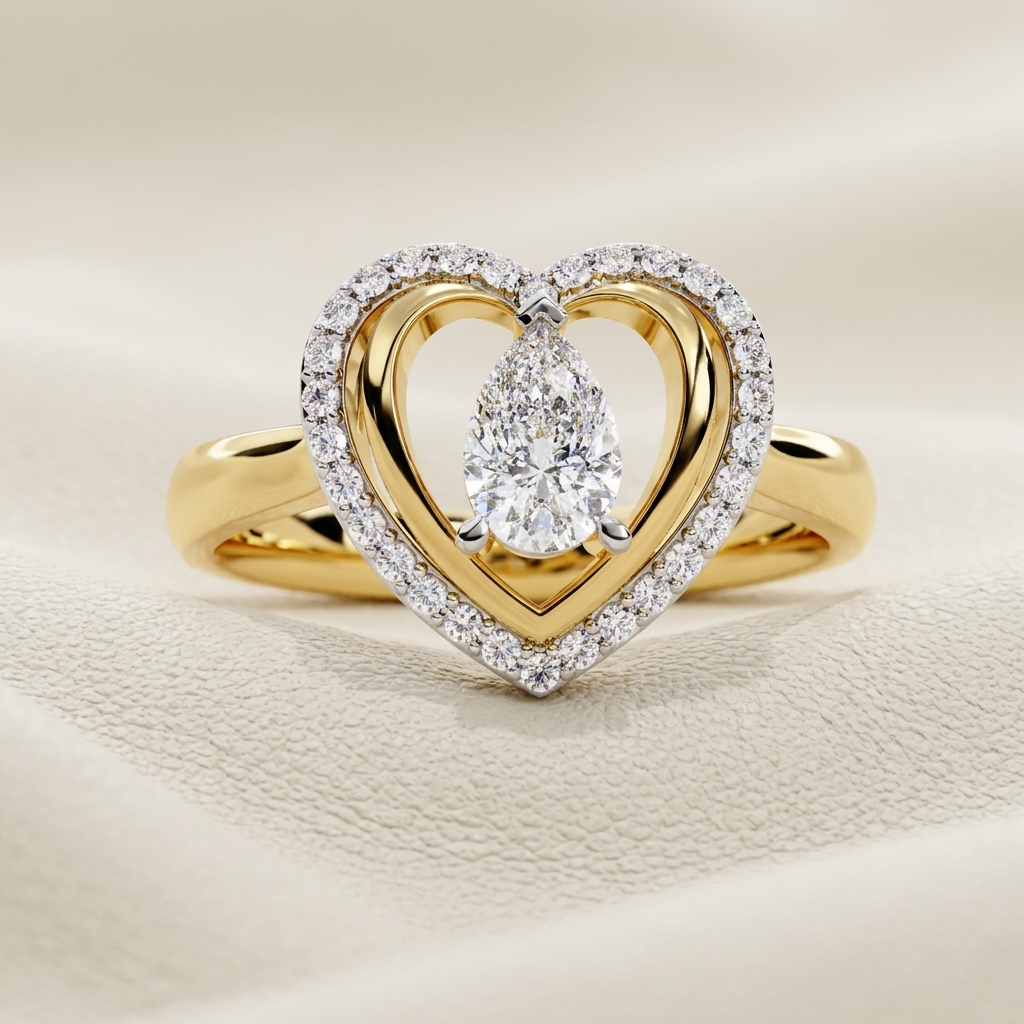 Yellow gold heart ring with suspended pear shaped center diamond
Pear cut diamond framed by a sparkling open heart halo
Elegant diamond ring featuring a floating teardrop stone centerpiece
Pavé diamond heart outline surrounding a brilliant pear cut gem
Sculpted yellow gold ring with nested heart curves and center diamond
Radiant pear diamond displayed inside an openwork heart setting
Fine jewelry heart ring with shimmering diamond border and gold interior
Graceful teardrop diamond ring accented by a brillia