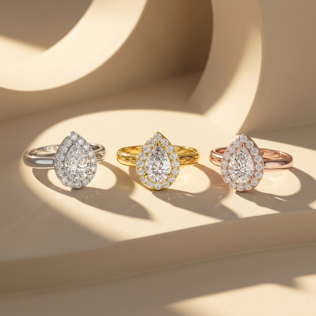 Pear halo diamond rings in three gold tones.
Pear halo rings in white, yellow, and rose gold.
Pear diamond ring collection.
Triple gold pear halo rings.
Pear halo engagement rings.
Luxury pear diamond halo rings.
Pear solitaire halo ring collection.
Elegant pear halo diamond rings.
Pear diamond rings in three finishes.
Classic pear halo ring trio.