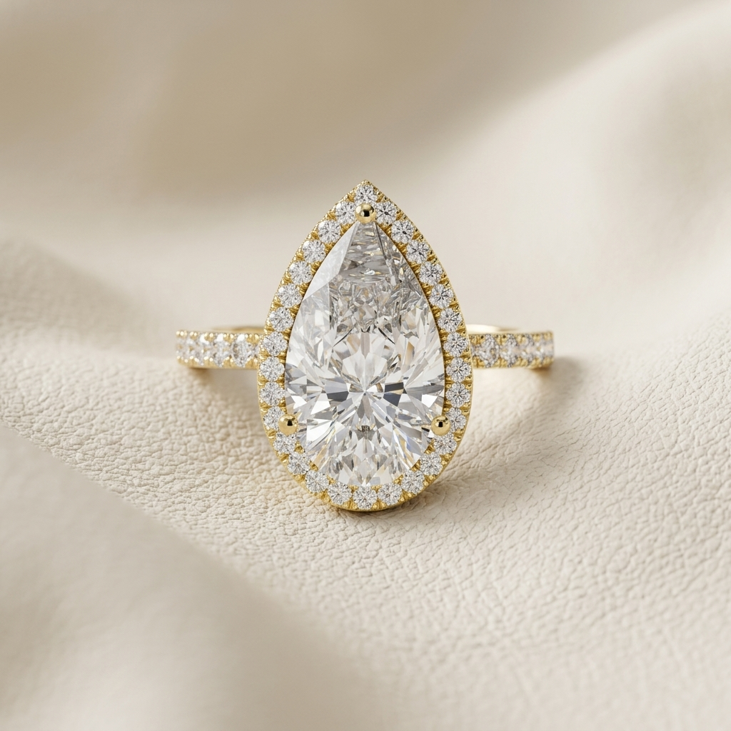 Pear halo solitaire diamond ring in yellow gold.
Yellow gold pear halo diamond ring.
Pear-shaped halo engagement ring.
Pear cut diamond halo ring.
Elegant pear halo solitaire ring.
Gold pear diamond engagement ring.
Luxury pear halo diamond ring.
Pear solitaire with pavé halo.
Classic pear halo diamond ring.
Pear-shaped solitaire ring with halo.