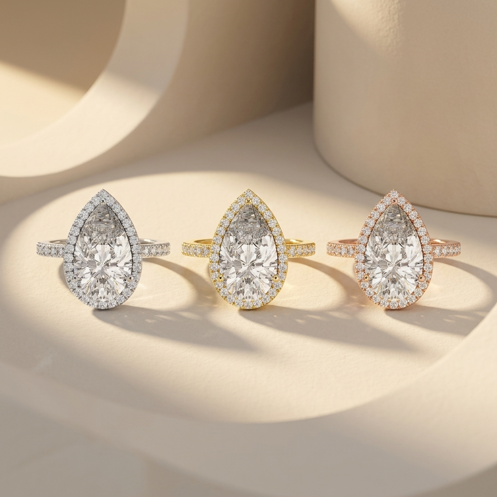 Pear halo solitaire rings in three gold tones.
Pear halo diamond rings in white, yellow, and rose gold.
Pear halo solitaire ring collection.
Triple gold pear halo diamond rings.
Pear engagement rings in three finishes.
Elegant pear halo diamond rings.
Luxury pear halo solitaire rings.
Pear-shaped halo rings in three gold colors.
Classic pear halo engagement ring collection.
Pear cut diamond halo ring collection.
