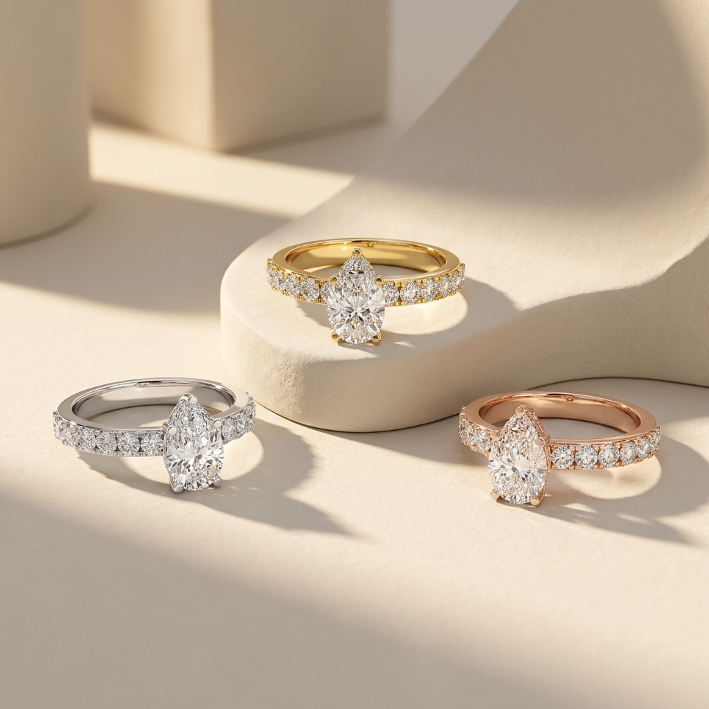 Pear solitaire diamond rings in three gold tones.
Pear diamond rings in white, yellow, and rose gold.
Pear solitaire ring collection.
Triple gold pear diamond rings.
Pear engagement rings in three finishes.
Luxury pear solitaire rings.
Elegant pear diamond ring collection.
Pear cut diamond rings trio.
Classic pear solitaire rings.
Pear diamond rings in three gold colors.