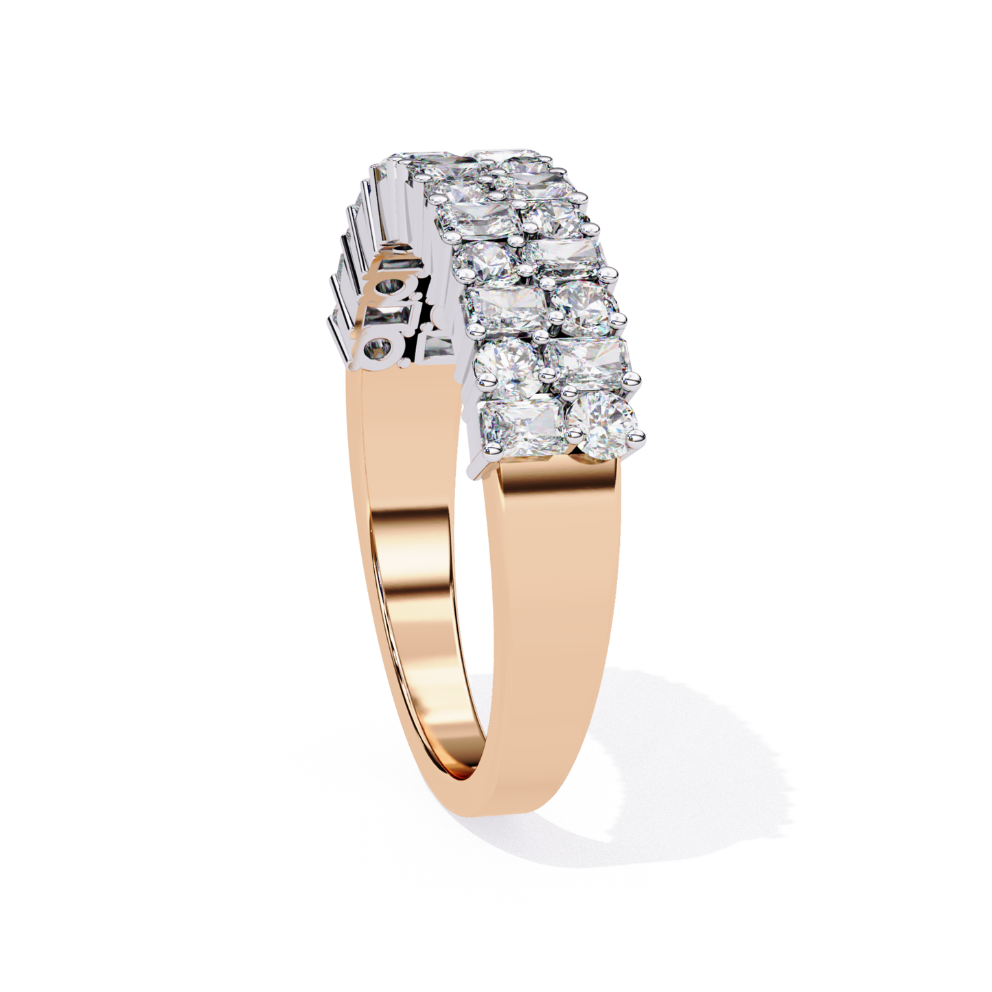 Side view of princess cut diamond band in rose gold