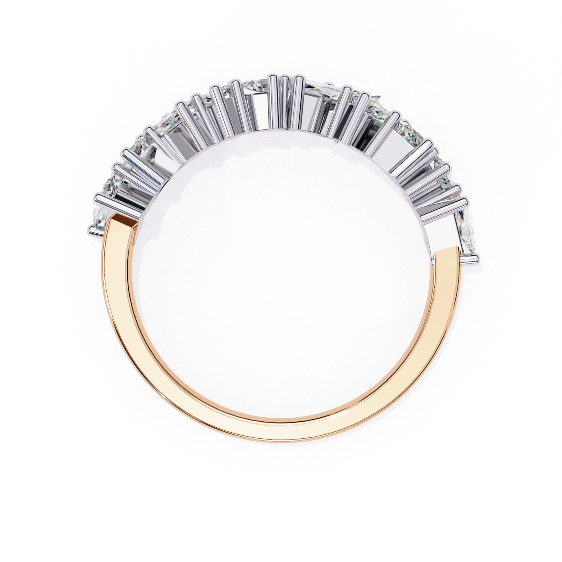 Top inside view of princess cut diamond band in rose gold