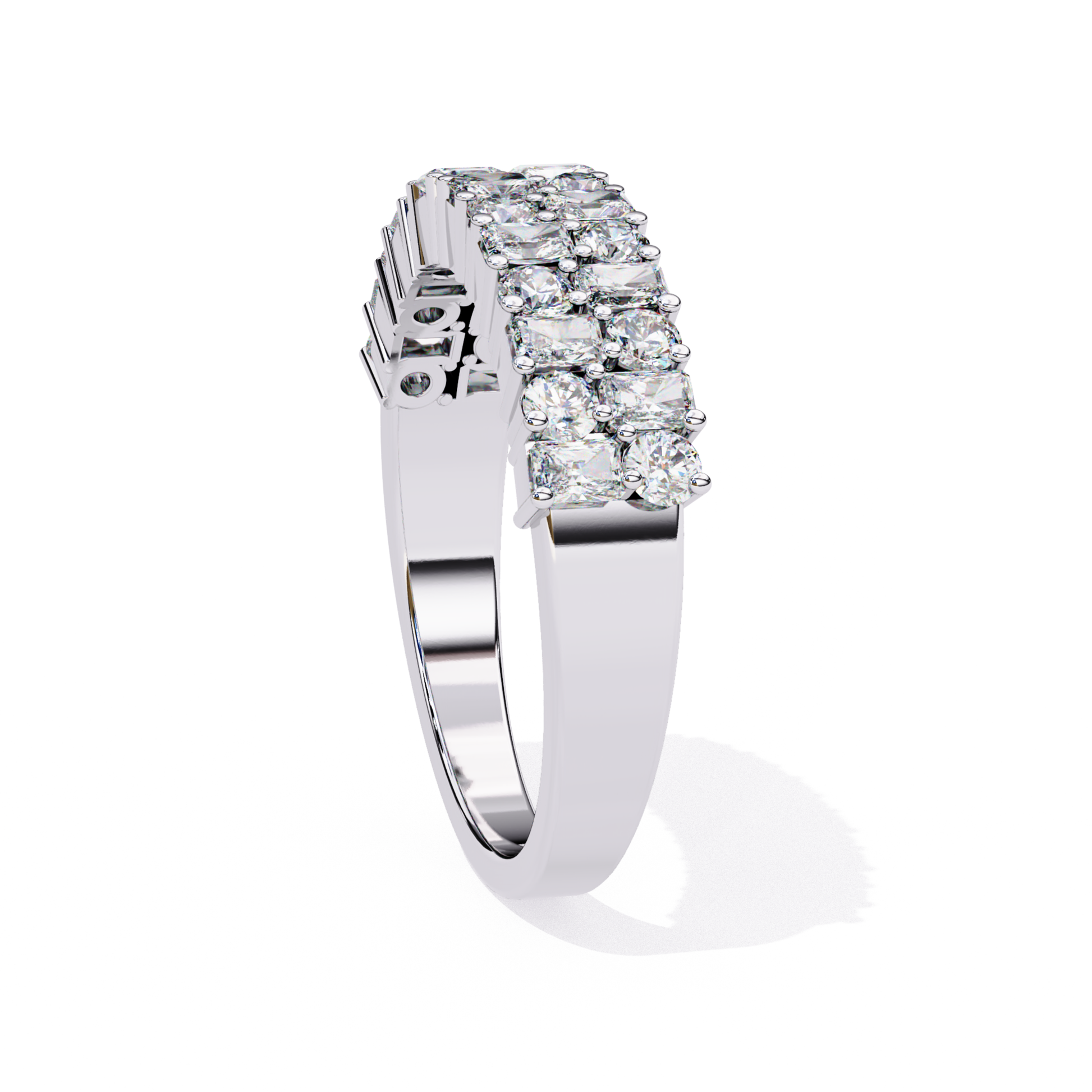 Side view of princess cut diamond band in white gold