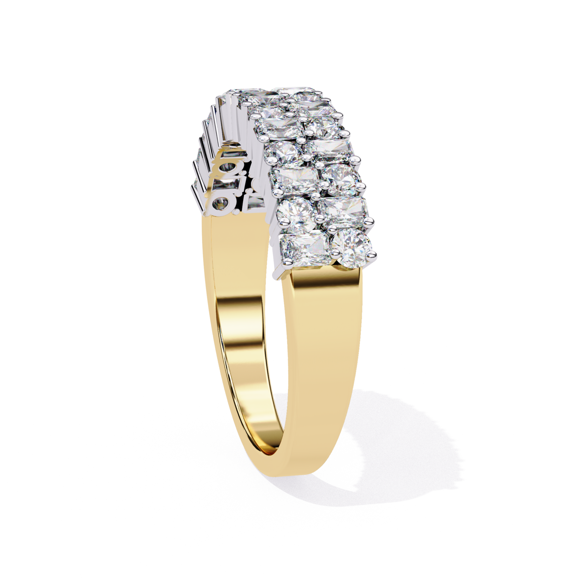 Side view of princess cut diamond band in yellow gold