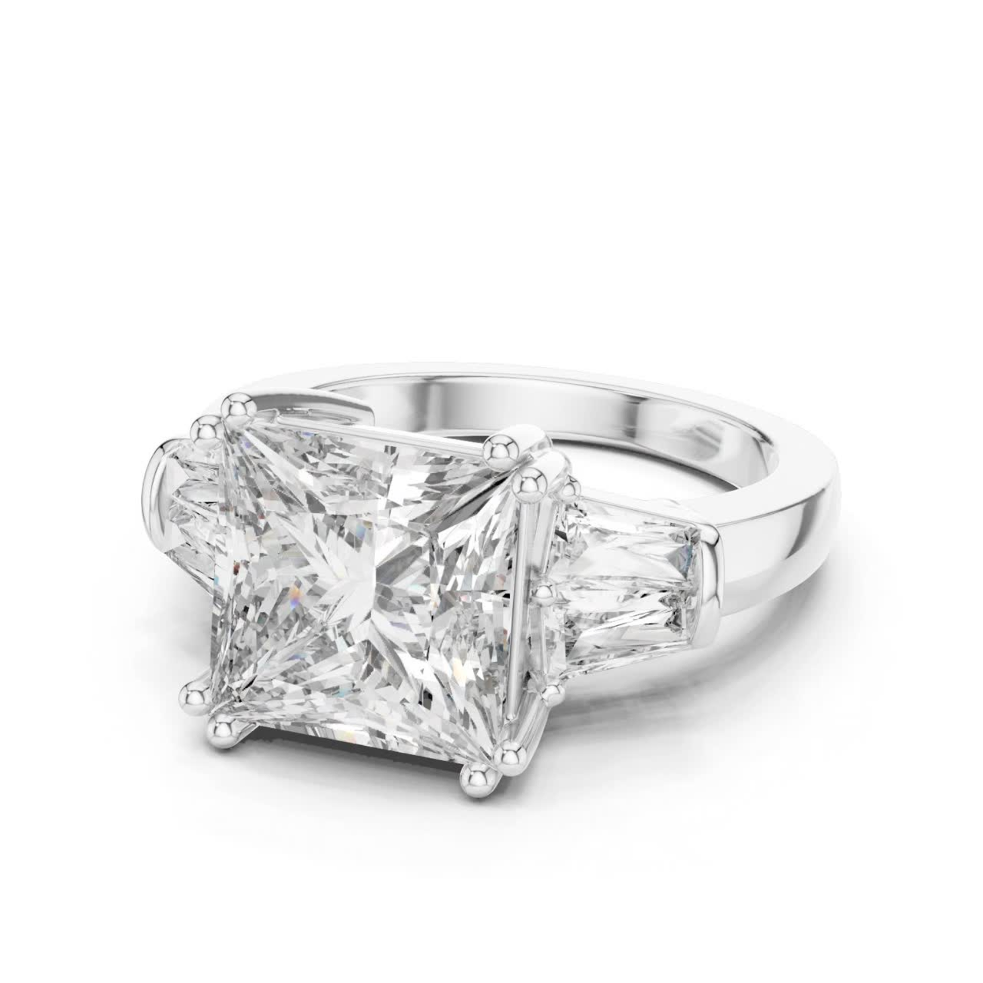 Angled view princess cut diamond engagement ring
White gold princess cut baguette diamond ring
Princess cut diamond with tapered baguette sides
Three stone princess cut diamond ring
Four prong princess cut diamond ring
White gold diamond ring angled profile
Princess cut ring with baguette side stones
White gold three stone diamond ring
Princess cut diamond ring perspective view
Classic princess cut diamond ring in white gold