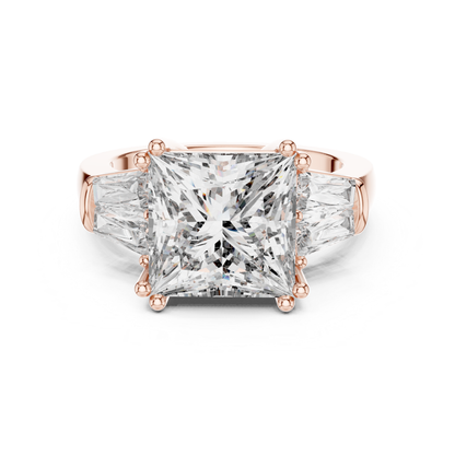 Princess cut diamond ring with baguette side stones
Rose gold princess cut baguette diamond ring
Front view princess cut three stone ring
Princess cut diamond with tapered baguette sides
Four prong princess cut diamond ring
Rose gold three stone diamond ring
Princess cut diamond ring front profile
Rose gold ring with baguette side diamonds
Classic princess cut diamond ring design
Princess cut diamond engagement ring
