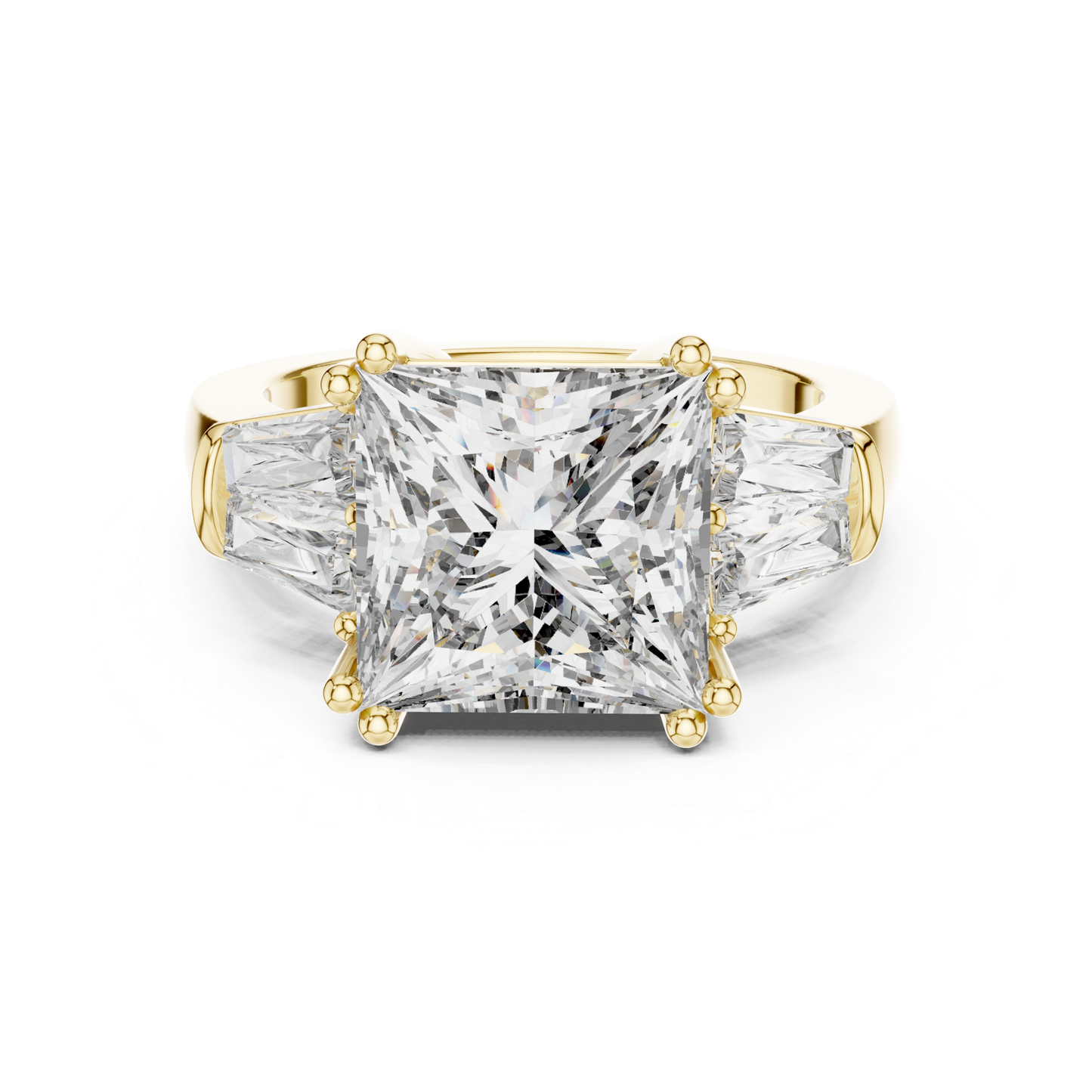 Princess cut diamond ring with baguette side stones
Yellow gold princess cut baguette diamond ring
Front view princess cut three stone ring
Princess cut diamond with tapered baguette sides
Four prong princess cut diamond ring
Yellow gold three stone diamond ring
Princess cut diamond ring front profile
Yellow gold ring with baguette side diamonds
Classic princess cut diamond ring design
Princess cut diamond engagement ring