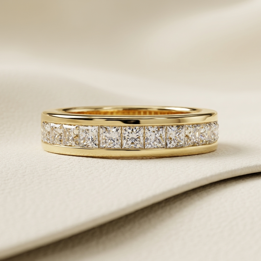 Yellow gold band with channel set princess cut diamonds
Square diamonds aligned across a polished gold band
Elegant diamond band featuring a continuous princess cut row
Brilliant geometric diamonds secured within sleek gold borders
Refined yellow gold band showcasing closely arranged square stones
Modern diamond band with structured channel setting details
Fine jewelry band featuring luminous princess shaped diamond accents
Polished gold band with a symmetrical square diamond sequence
Sophisticated channel 
