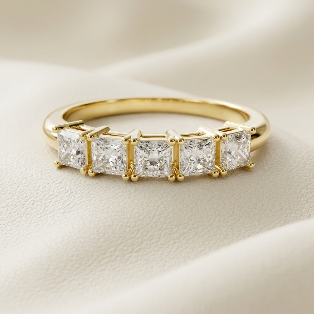 Gold ring with princess cut diamonds in a row setting
Elegant eternity ring with square cut diamonds close up
Luxury gold band with multiple princess cut diamonds
Fine jewelry ring with aligned square diamonds design
Premium eternity band with brilliant princess cut stones
Modern gold ring featuring continuous diamond setting
Stylish diamond ring with geometric stone arrangement
High end gold band with sparkling square diamonds
Minimal elegant ring with princess cut diamond row
Sophisticated eternity ring w