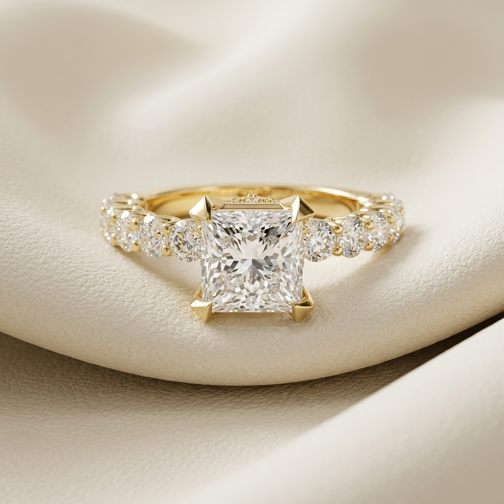 Princess cut solitaire diamond ring in yellow gold.
Yellow gold princess cut engagement ring.
Princess cut diamond ring with pavé band.
Classic princess cut solitaire ring.
Gold princess cut diamond ring.
Elegant princess cut engagement ring.
Princess cut diamond ring with side stones.
Luxury princess cut solitaire ring.
Square diamond ring in yellow gold.
Princess cut diamond ring.