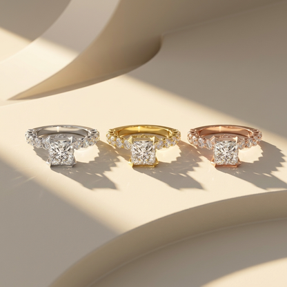 Princess cut rings in three gold tones.
Princess cut diamond rings in white, yellow, and rose gold.
Princess cut solitaire ring collection.
Square diamond rings in three finishes.
Princess cut engagement ring collection.
Three gold princess cut diamond rings.
Luxury princess cut solitaire rings.
Princess cut rings with pavé bands.
Classic princess cut ring collection.
Princess cut diamond rings in three gold colors.