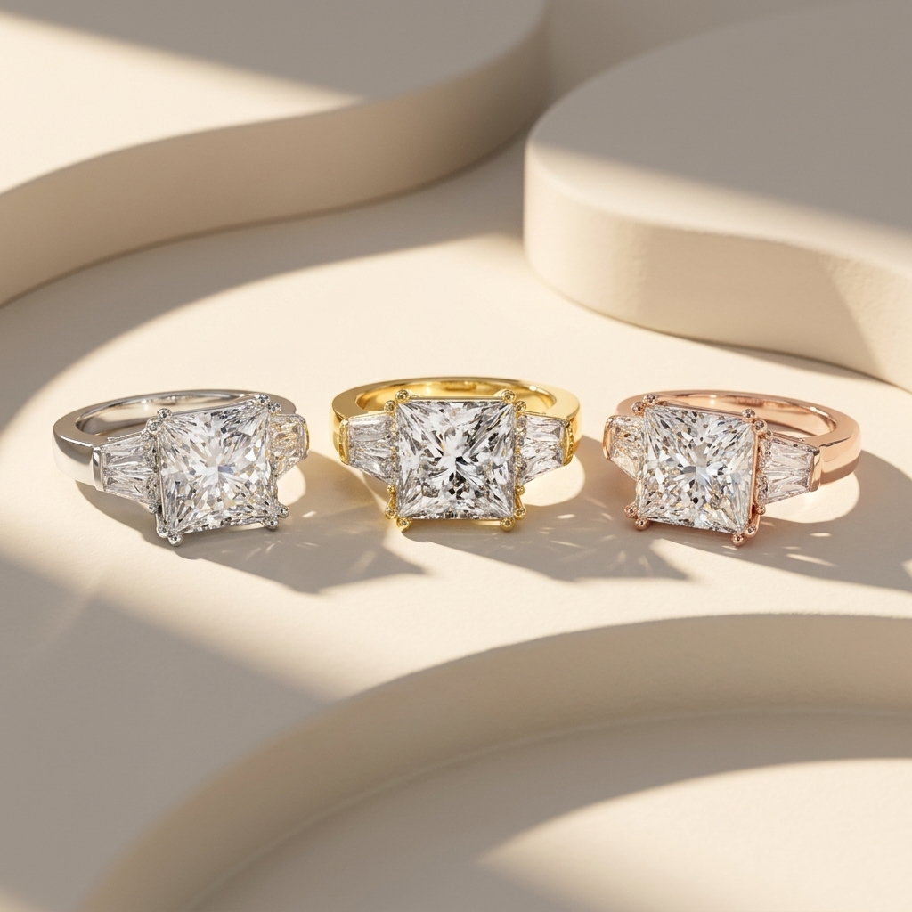 Princess cut diamonds in three gold tones.
Three stone princess cut collection.
Princess diamonds in white, yellow, and rose gold.
Princess cut diamond trio.
Three gold princess diamond designs.
Luxury princess cut diamonds.
Princess cut with side stones.
Three-tone princess cut diamonds.
Classic princess cut collection.
Princess diamonds in three finishes.