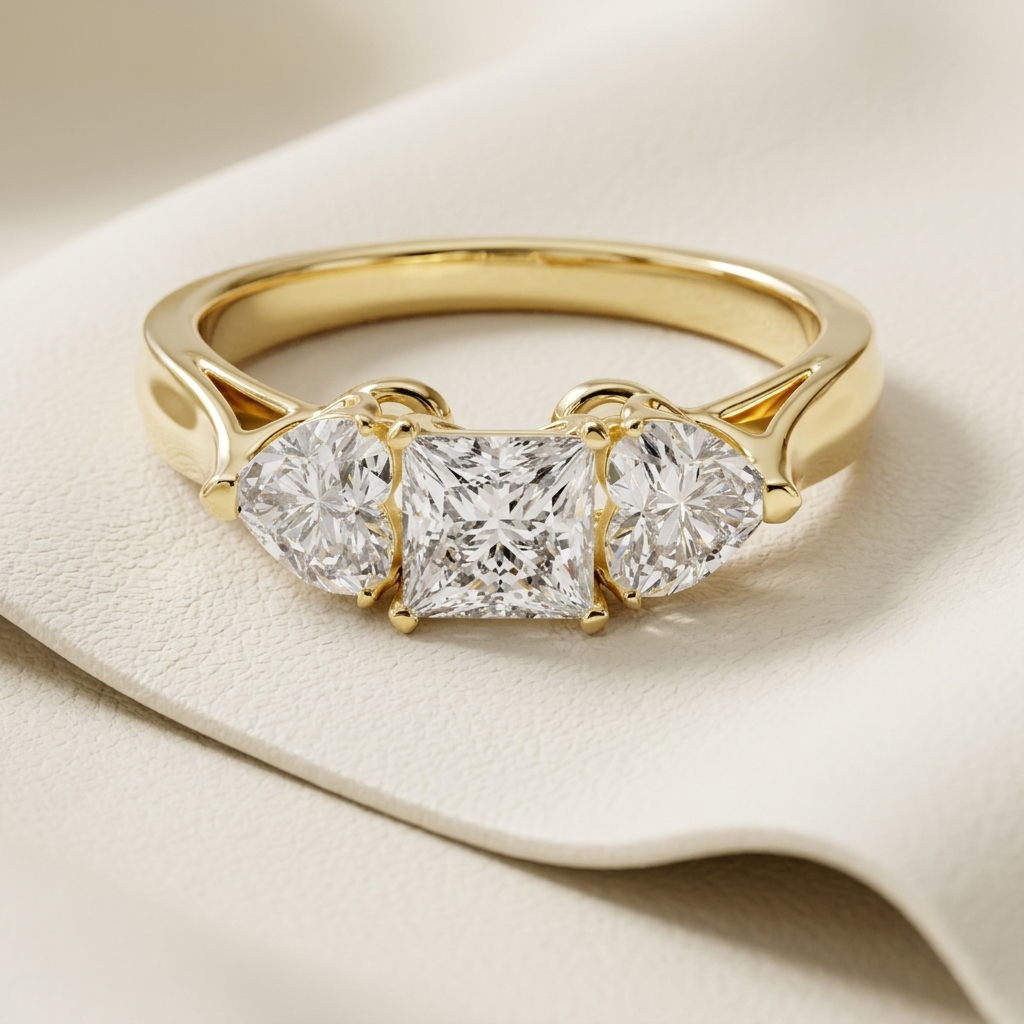 Princess cut diamond ring
Three stone diamond ring
Yellow gold diamond ring
Princess cut gold ring
Gold engagement ring
Three diamond gold ring
Classic diamond ring
Luxury gold diamond ring
Elegant three stone ring
Princess diamond engagement ring