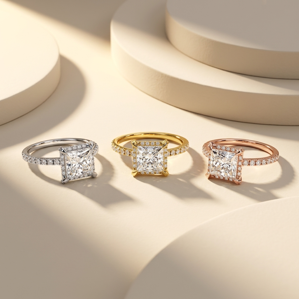Princess Diamond Halo Ring With Round Diamond Band
Princess Cut Diamond Ring Three Gold Colors Display
Princess Diamond Ring With Round Side Stone Setting
Cushion Style Halo Ring With Princess Center Diamond
Princess Center Diamond Ring Fine Jewelry Design
Lab Grown Princess Diamond Halo Ring Collection
Elegant Princess Diamond Ring With Pave Diamond Band
Modern Princess Diamond Halo Ring Front View
Premium Princess Diamond Ring Multi Gold Finish
Classic Princess Diamond Ring With Round Accents