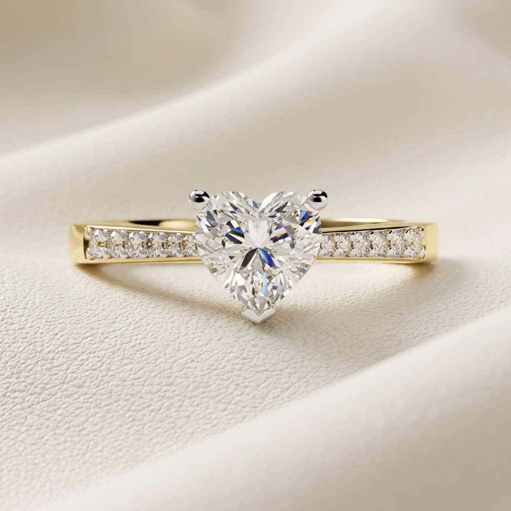 Yellow gold heart diamond ring with pavé accented band
Brilliant heart cut center diamond secured in a three prong setting
Elegant solitaire heart diamond ring with sparkling side stones
Luxury yellow gold ring featuring a radiant heart shaped diamond
Refined heart diamond ring with channel style pavé detailing
Fine jewelry ring centered with a dazzling heart cut stone
Sleek yellow gold diamond band with romantic heart centerpiece
Luminous heart shaped diamond ring with delicate band accents
Contemporary he