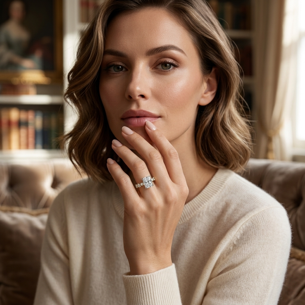 Woman Wearing Radiant Diamond Ring
Radiant Diamond Ring On Hand
Model Wearing Radiant Ring
Radiant Engagement Ring Lifestyle
Radiant Cut Ring Close Up
Radiant Diamond Ring Styling
Radiant Solitaire Ring On Finger
Fine Jewelry Ring On Model
Luxury Radiant Diamond Ring
Radiant Bridal Ring Lifestyle