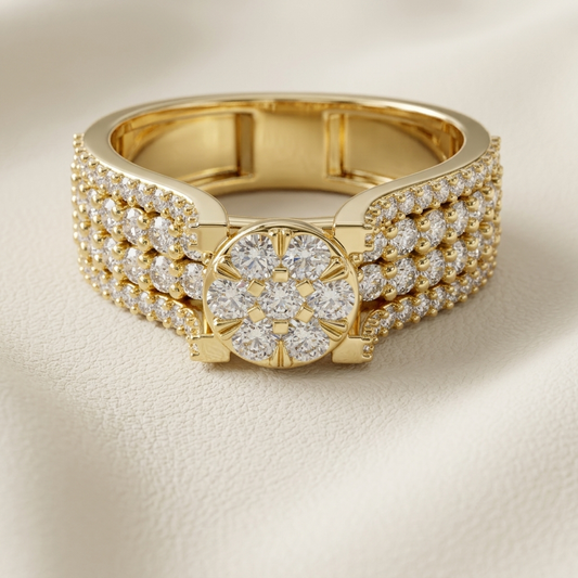 Yellow gold statement ring with floral cluster diamond centerpiece
Luxury wide band ring featuring layered rows of sparkling diamonds
Bold gold diamond ring with round floral inspired center design
Elegant wide diamond band with brilliant clustered stone setting
Designer yellow gold ring featuring a dazzling flower diamond motif
Ornate diamond statement ring with multiple rows of round stones
Fine jewelry gold band with radiant circular diamond cluster
Glamorous wide gold ring with intricate diamond pave de