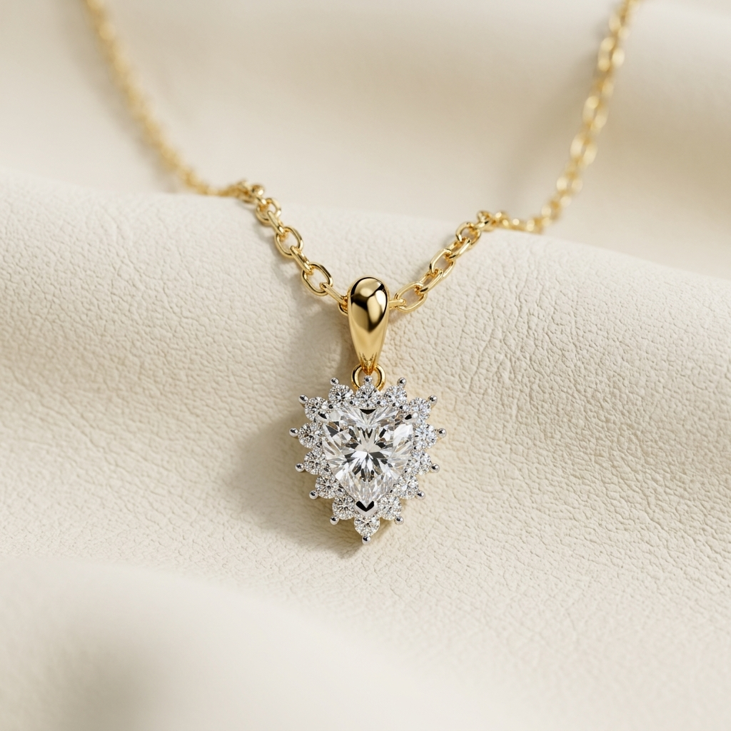 Yellow gold radiant heart halo diamond pendant necklace
Elegant heart shaped diamond pendant with halo setting
Luxury yellow gold heart pendant featuring a brilliant center diamond
Fine jewelry heart halo diamond necklace on delicate gold chain
Contemporary heart cut diamond pendant with sparkling halo
Premium yellow gold heart diamond pendant close up
Designer heart halo pendant with brilliant heart shaped diamond
Romantic heart shaped diamond necklace with elegant gold setting
Stylish heart halo diamond p