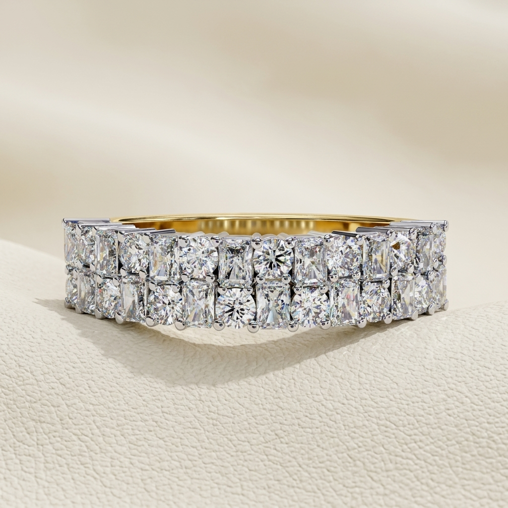 Yellow gold band with two rows of radiant cut diamonds
Brilliant rectangular diamonds arranged in a bold double row setting
Wide diamond band featuring closely aligned geometric stones
Radiant cut diamonds showcased across a structured two tier design
Statement gold band with dense rectangular diamond arrangement
Fine jewelry band featuring layered brilliant diamond panels
Sparkling double row band with uniform elongated stone settings
Contemporary diamond band showcasing a luminous mosaic pattern
Wide yell