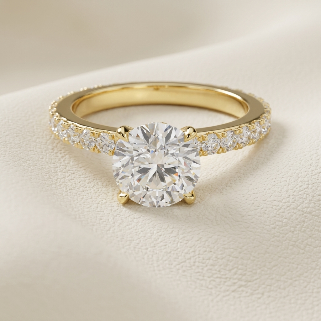 Yellow gold solitaire ring with a brilliant round center stone
Elegant round diamond ring with a sparkling pavé gold band
Luxury gold engagement ring featuring a large round center diamond
Classic solitaire diamond ring with shimmering band accents
Brilliant round cut stone set on an elegant yellow gold ring
Timeless gold engagement ring with a dazzling round centerpiece
Fine jewelry ring featuring a round stone and pavé set band
Sophisticated yellow gold ring with brilliant solitaire design
Glamorous round