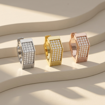 Rectangle diamond hoop earrings available in white, yellow, and rose gold finishes.
Luxury geometric diamond hoop earrings crafted in white, yellow, and rose gold.
Elegant rectangular hoop earrings featuring sparkling pavé-set diamonds in three gold tones.
Fine jewelry rectangle diamond hoops showcased in white, yellow, and rose gold.
Contemporary geometric hoop earrings with brilliant pavé diamonds in three finishes.
Premium rectangle diamond hoop earrings designed in white, yellow, and rose gold.
Designer