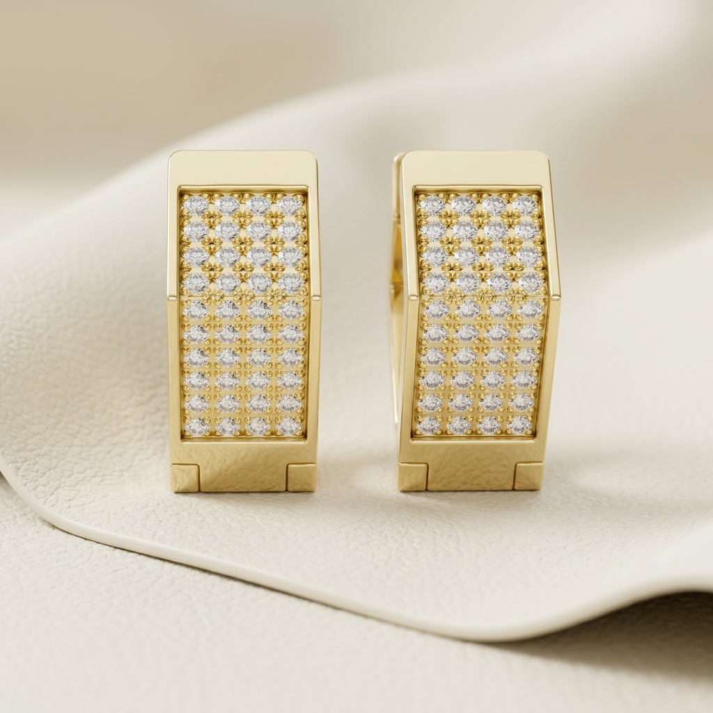 Yellow gold rectangle hoop earrings featuring brilliant pavé-set diamonds.
Elegant rectangular diamond hoop earrings crafted in polished yellow gold.
Luxury yellow gold hoop earrings with a sleek rectangular diamond design.
Fine jewelry rectangle hoop earrings adorned with sparkling round diamonds.
Contemporary yellow gold diamond hoop earrings with a bold geometric silhouette.
Premium rectangular gold hoop earrings showcasing multiple rows of brilliant diamonds.
Designer yellow gold rectangle earrings with