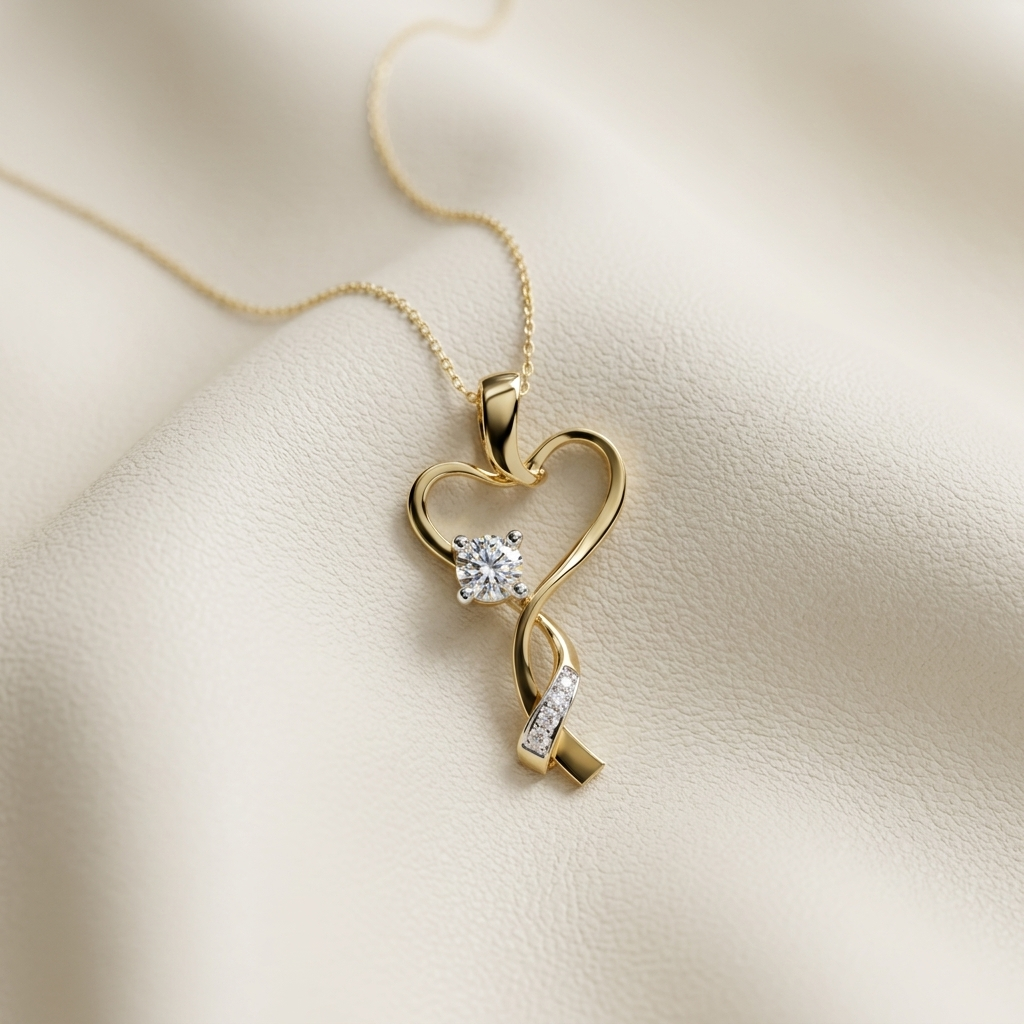 Yellow gold open heart pendant with round solitaire diamond
Elegant heart pendant featuring a flowing ribbon twist design
Brilliant round diamond set within a sculpted gold heart pendant
Delicate yellow gold pendant with heart curve and diamond accent
Artistic heart shaped pendant with twisted pavé diamond detail
Graceful openwork heart pendant centered with a sparkling diamond
Contemporary gold heart pendant featuring an infinity inspired curve
Fine jewelry heart pendant with solitaire stone and pavé ribbo