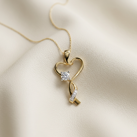 Yellow gold open heart pendant with round solitaire diamond
Elegant heart pendant featuring a flowing ribbon twist design
Brilliant round diamond set within a sculpted gold heart pendant
Delicate yellow gold pendant with heart curve and diamond accent
Artistic heart shaped pendant with twisted pavé diamond detail
Graceful openwork heart pendant centered with a sparkling diamond
Contemporary gold heart pendant featuring an infinity inspired curve
Fine jewelry heart pendant with solitaire stone and pavé ribbo
