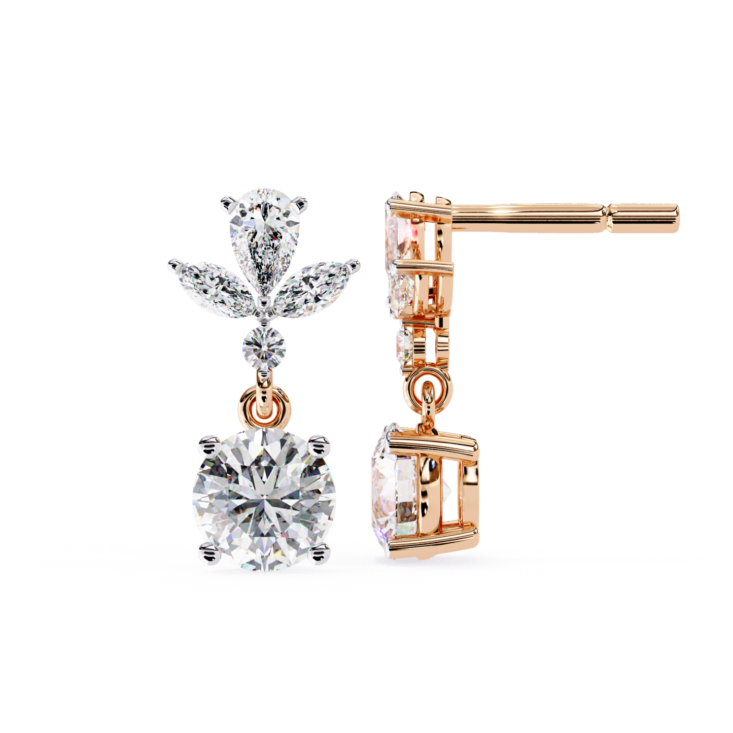 Beautiful rose gold drop earrings with a floral motif, showcasing a dazzling round diamond at the center, complemented by pear-shaped diamonds that add elegance and sparkle to the design.